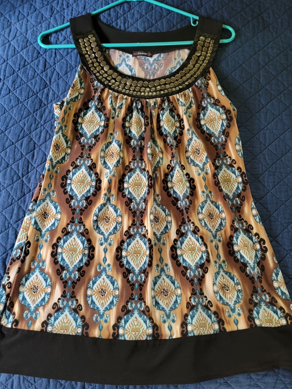 Cocomo Brown Teal Cream Patterned Beaded Neckline Top